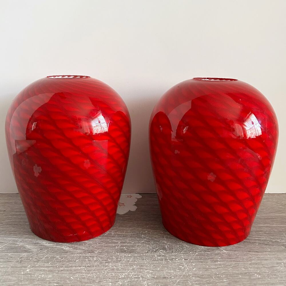 Murano Red Swirl Waves Hand Blown Art Glass 6x5” Pendant Ceiling Light Pair EUC